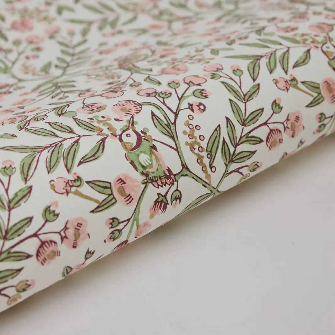 Paper Mirchi Block Printed Wrapping Paper Song Birds Blush