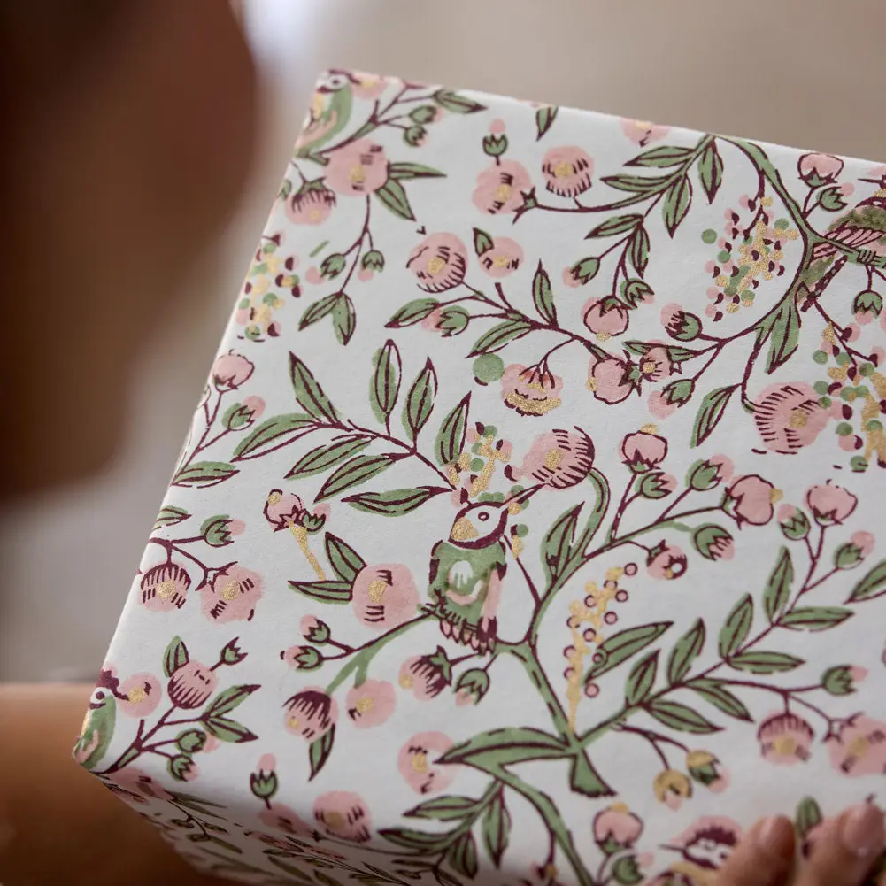 Paper Mirchi Block Printed Wrapping Paper Song Birds Blush - Image 4
