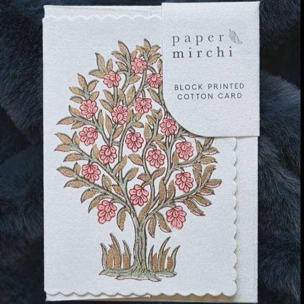 Paper Mirchi Card Hand Block Printed Mogra Coral