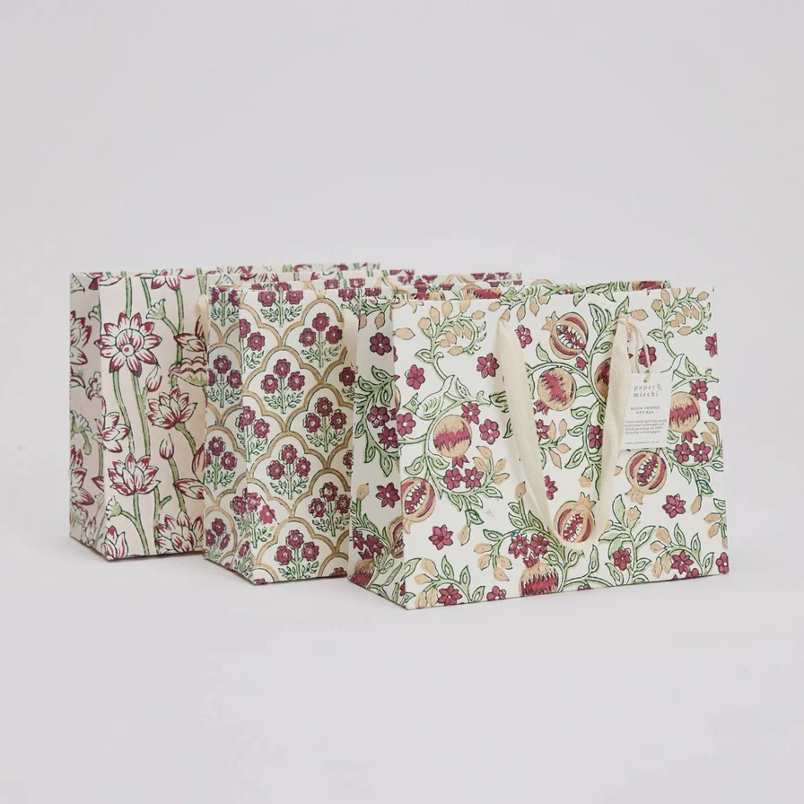 Paper Mirchi Hand Block Medium Printed Gift Bag Cherry