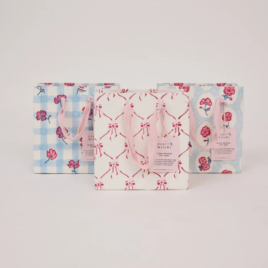 Paper Mirchi Hand Block Printed Gift Bag Small Pink Sorbet - Image 2