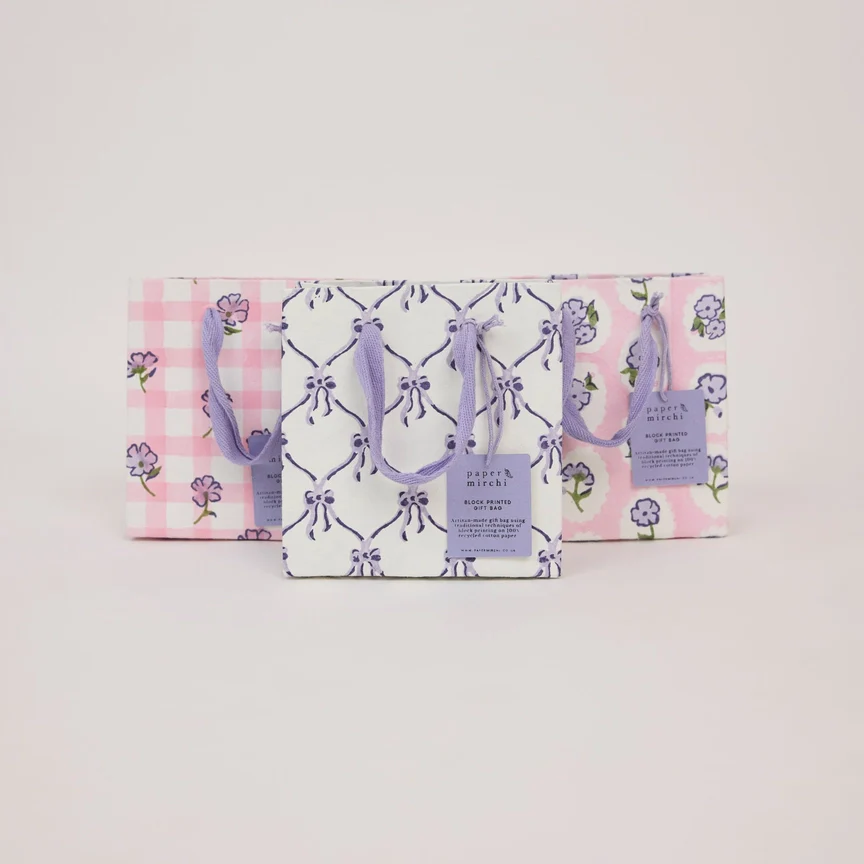 Paper Mirchi Hand Block Printed Gift Bag Small Violet Meringue - Image 2