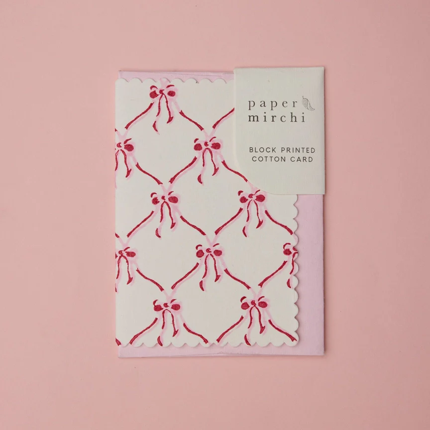 Paper Mirchi Hand Block Printed Greeting Card Bows Pink Sorbet - Image 2