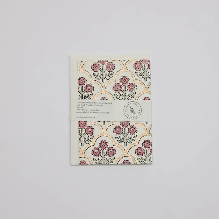 Paper Mirchi Hand Block Printed Greeting Card Trellis Pink Earth - Image 2