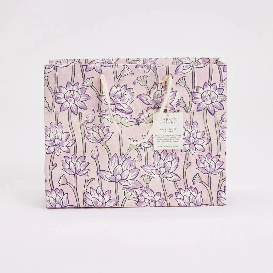Paper Mirchi Hand Block Printed Medium Gift Bag Lavender - Image 4