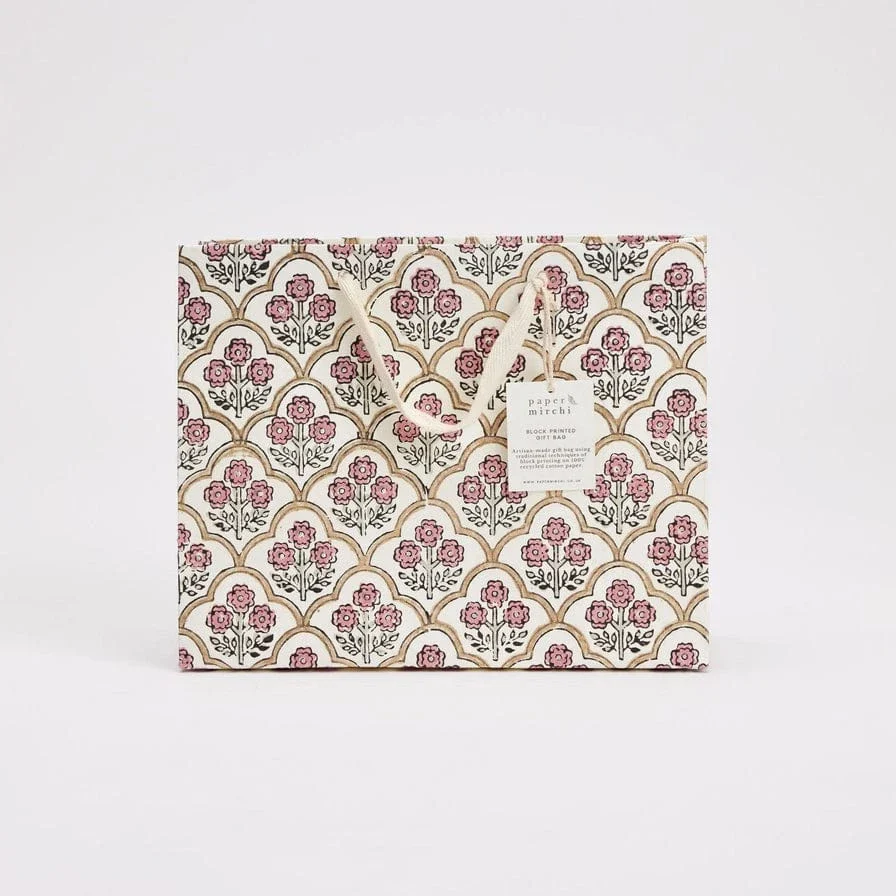 Paper Mirchi Hand Block Printed Medium Gift Bag Pink Earth - Image 4