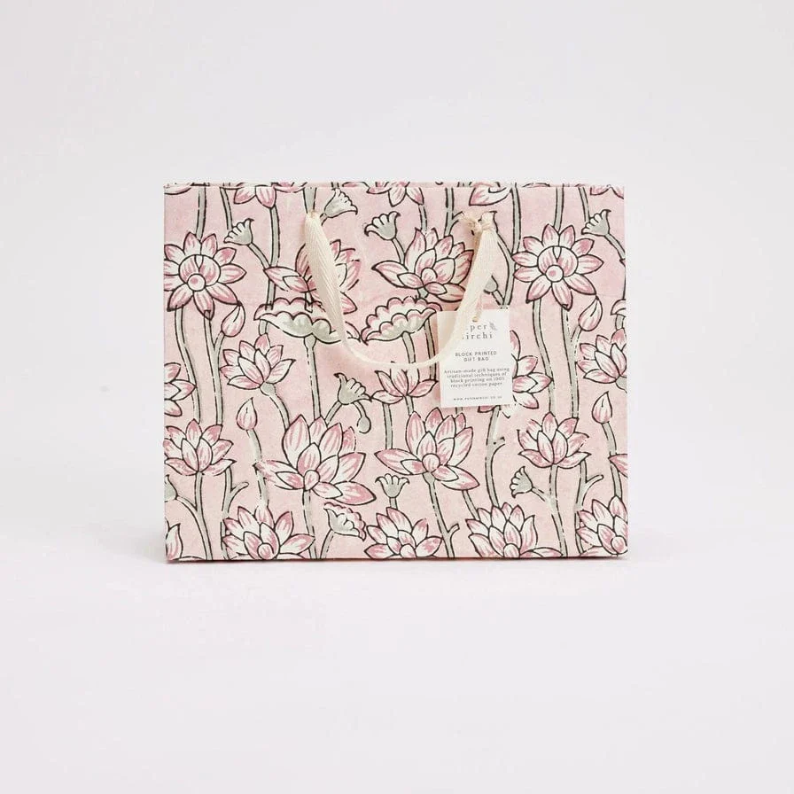Paper Mirchi Hand Block Printed Medium Gift Bag Pink Earth - Image 5