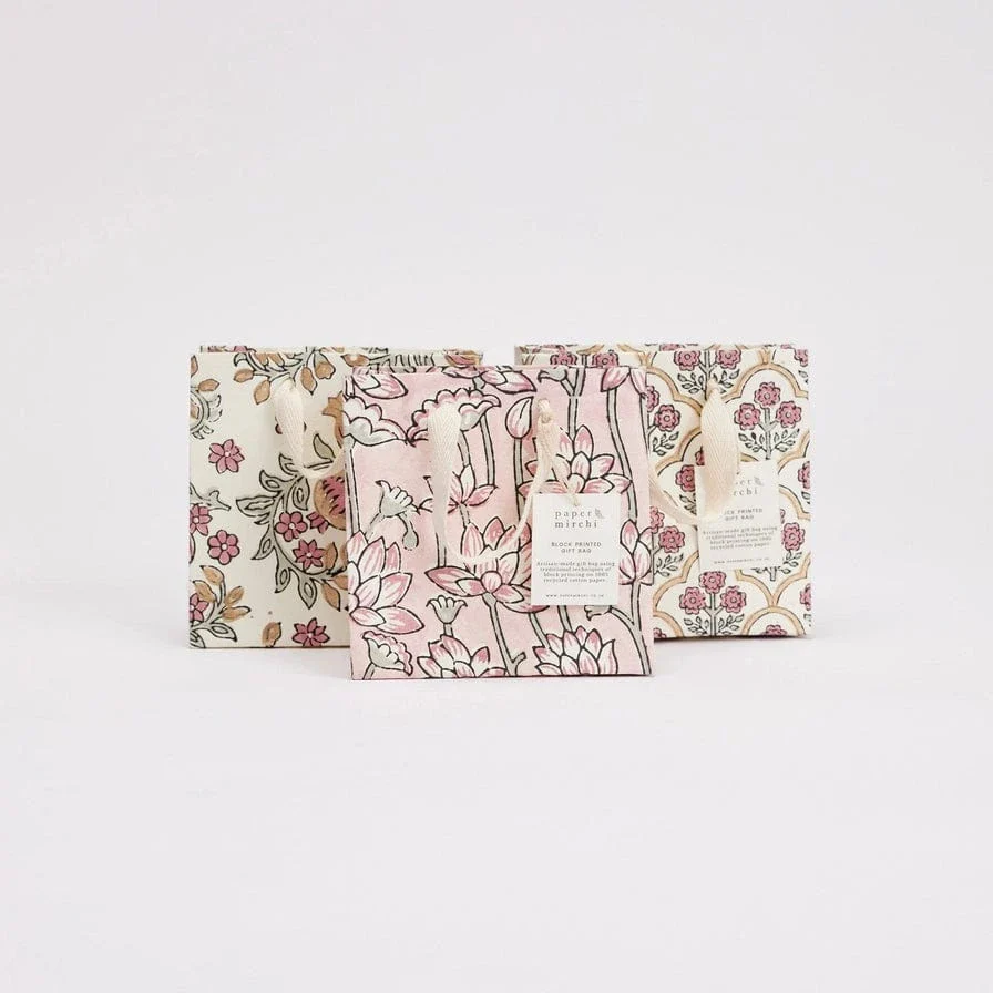 Paper Mirchi Hand Block Printed Small Gift Bag Pink Earth - Image 2