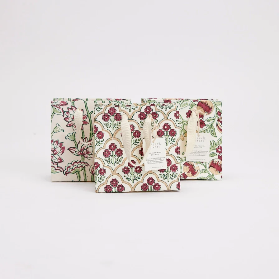 Paper Mirchi Hand Block Printed Small Gift Bag Cherry - Image 2