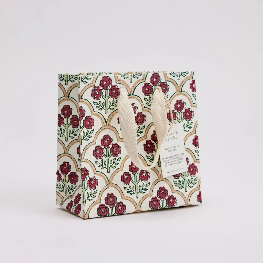 Paper Mirchi Hand Block Printed Small Gift Bag Cherry - Image 4