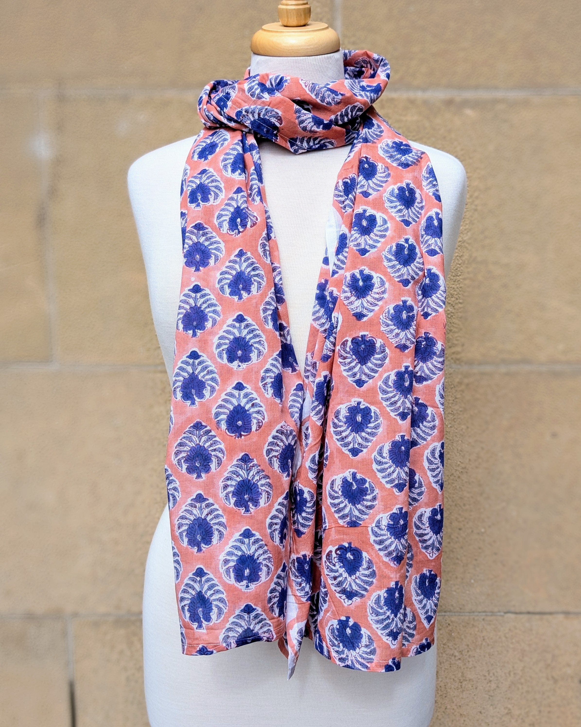Peach & Blue Patterned Block Print Scarf