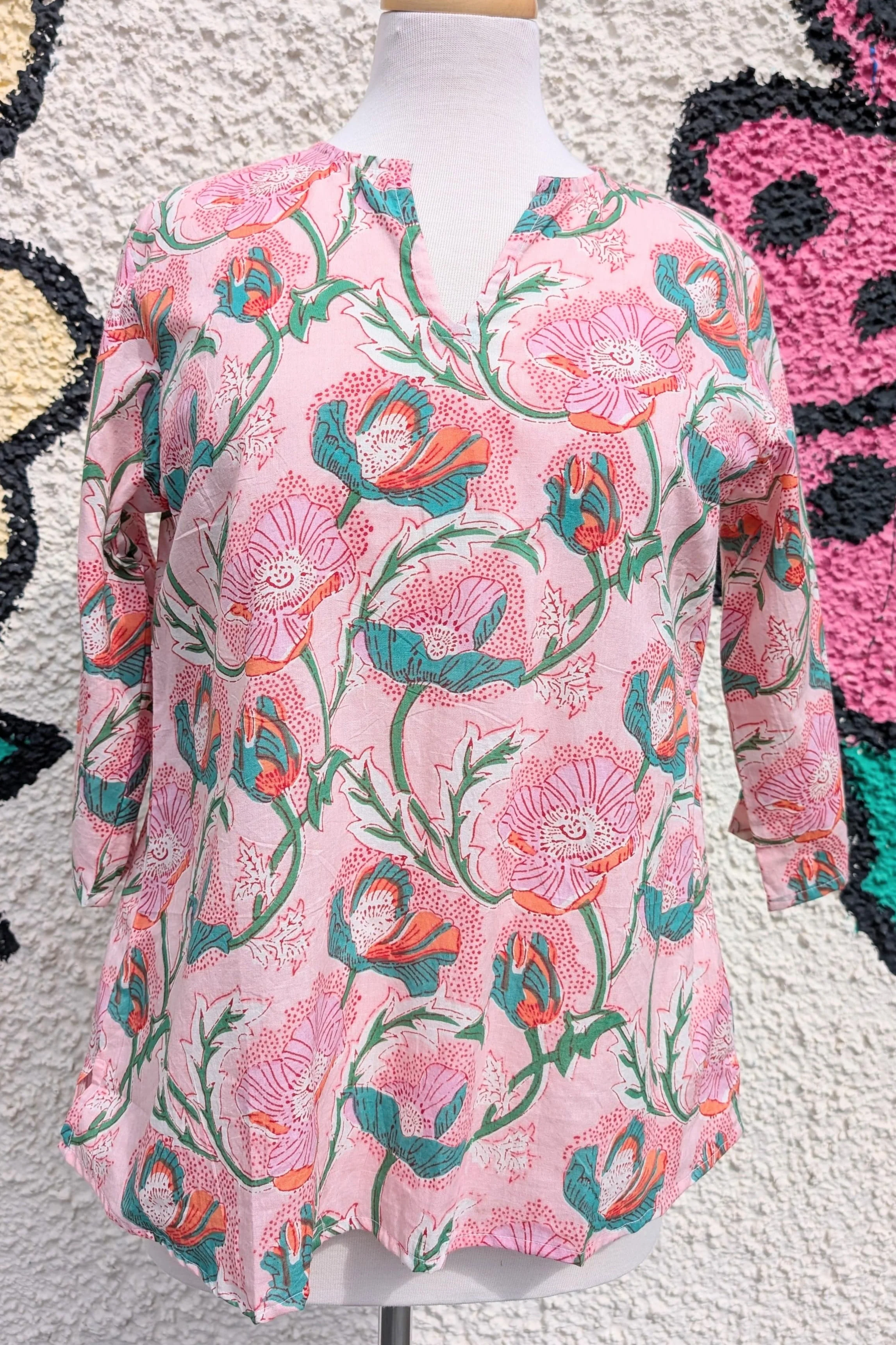 Marianne Peach Floral Block Print Cotton Blouse