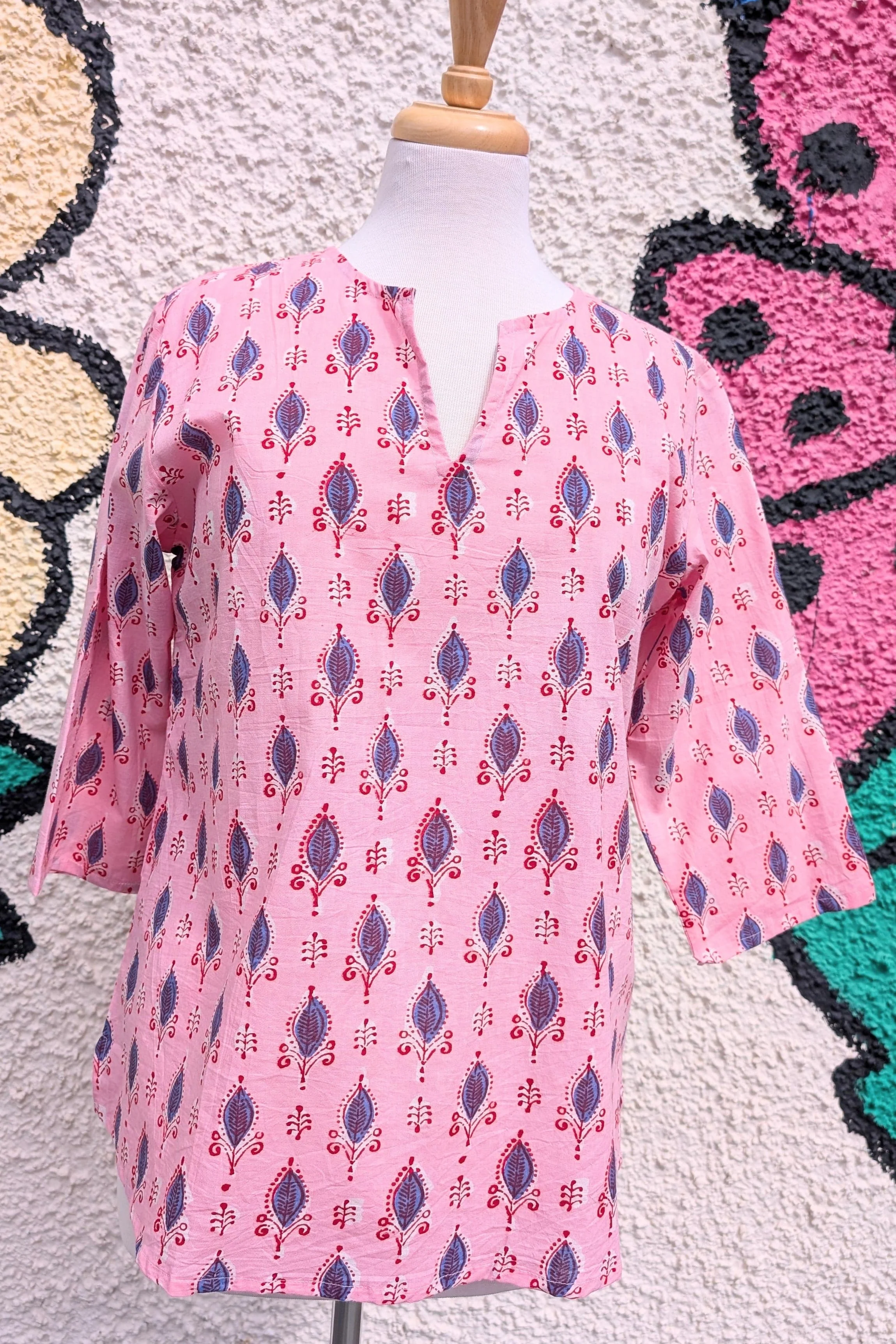 Marianne Pink Blue Motif Block Print Cotton Blouse