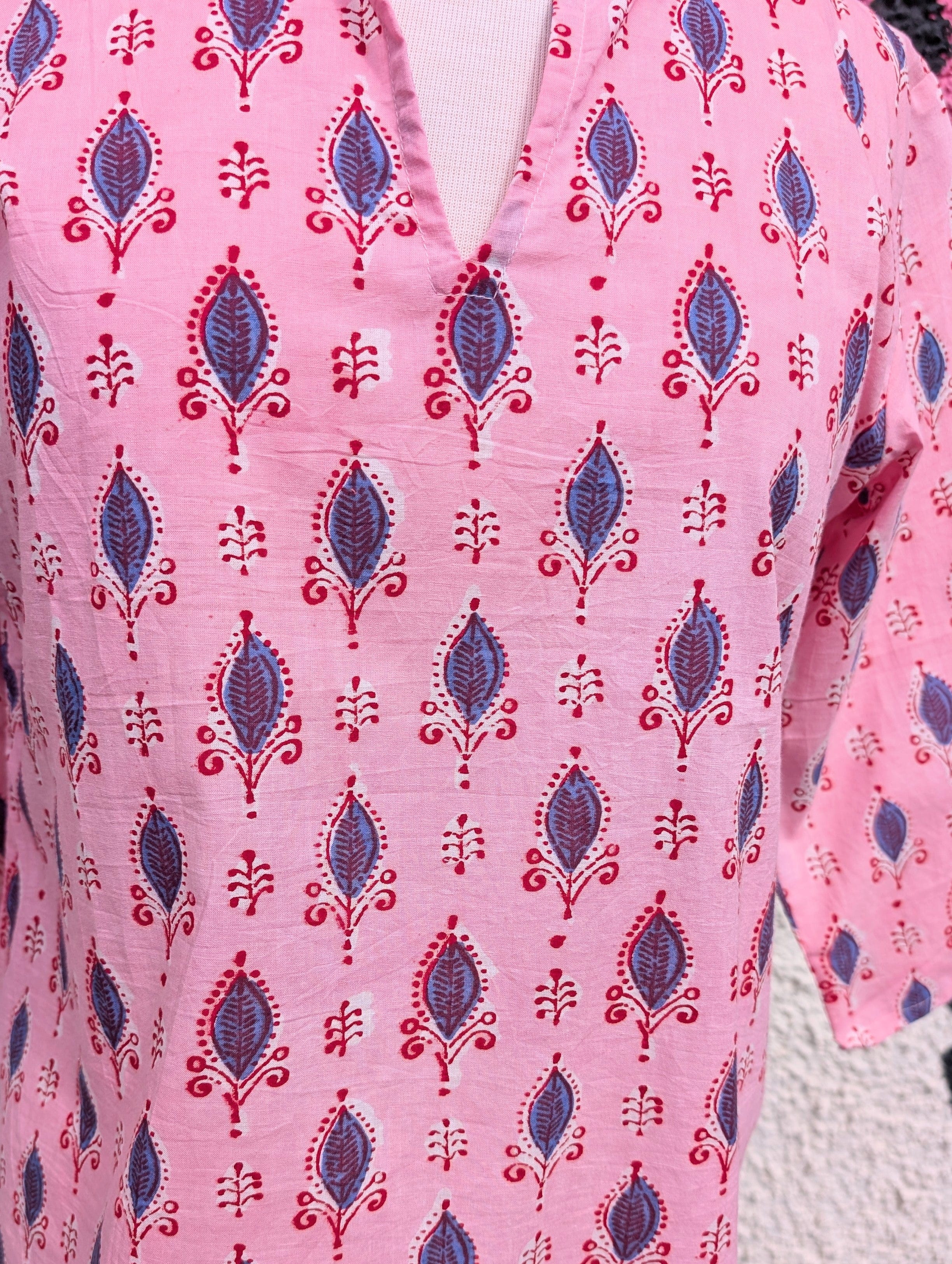 Marianne Pink Blue Motif Block Print Cotton Blouse - Image 2