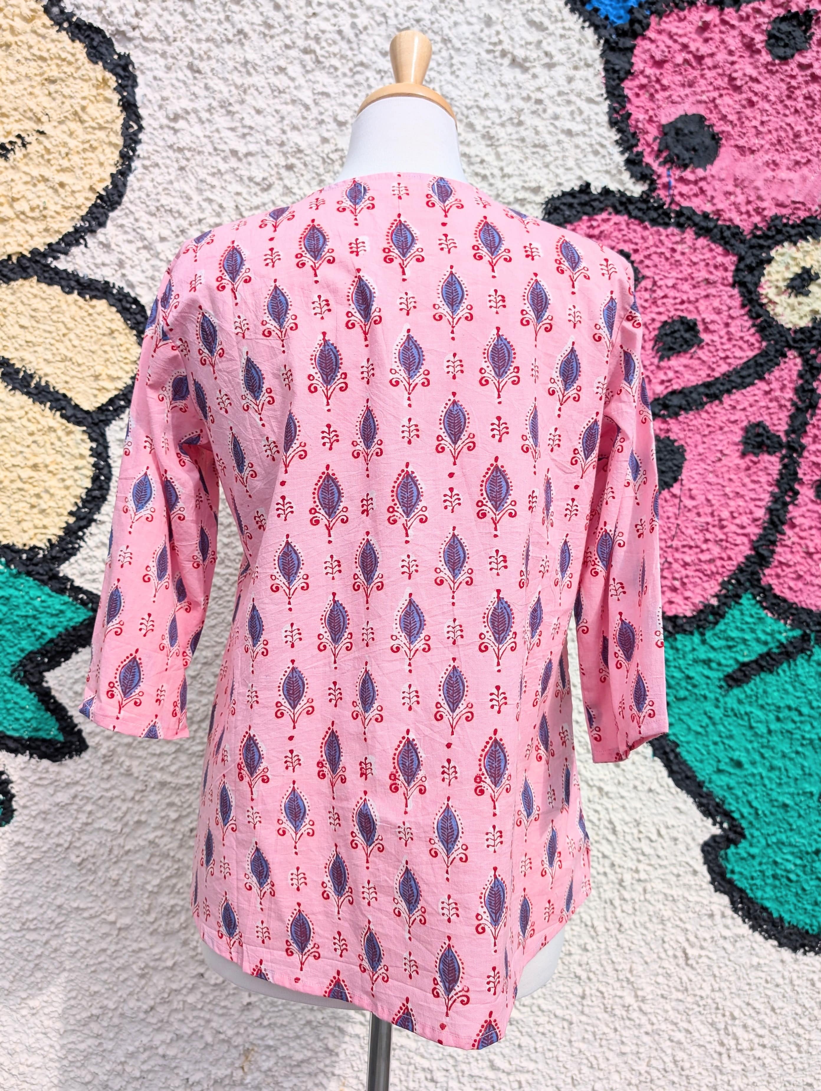 Marianne Pink Blue Motif Block Print Cotton Blouse - Image 3