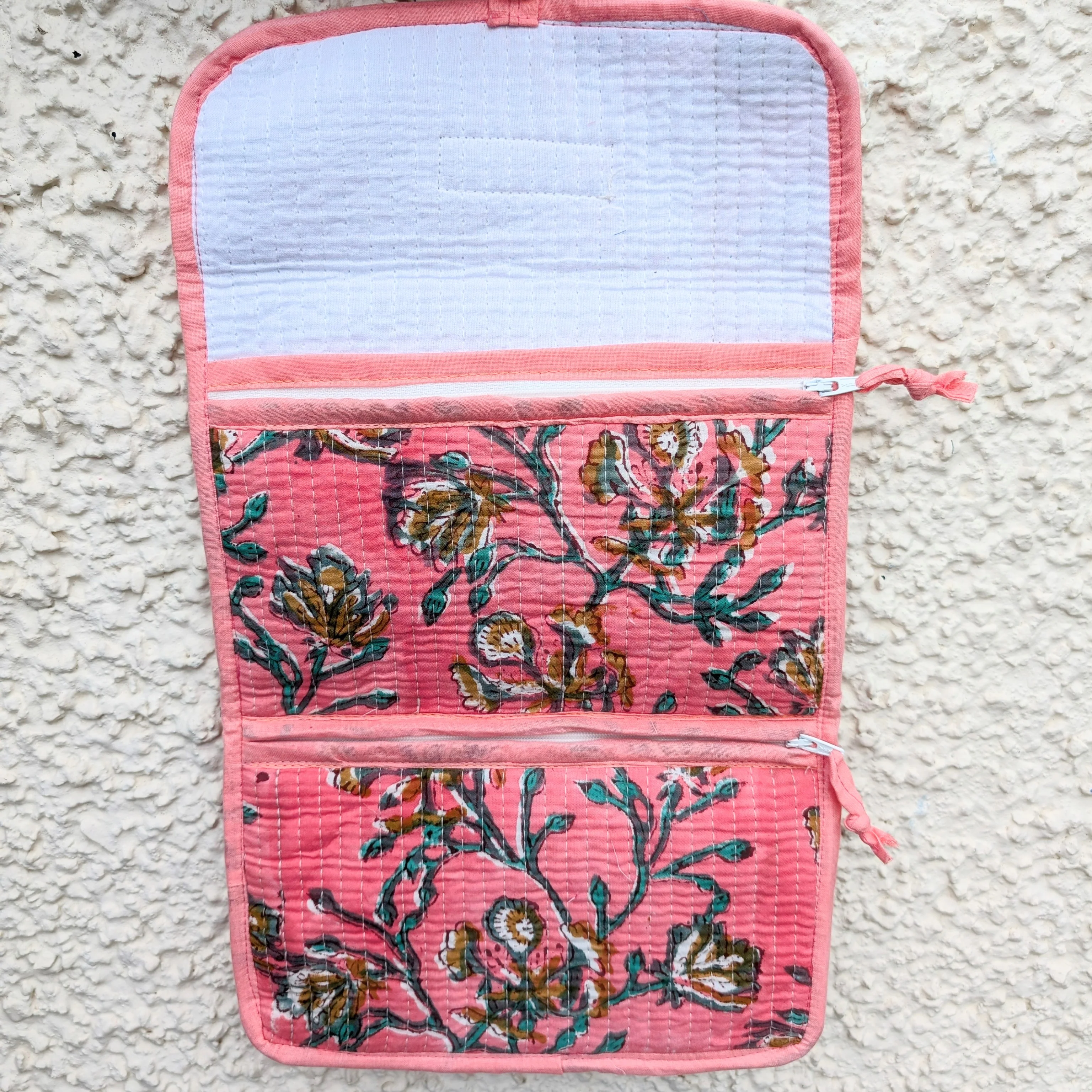 Pink Floral Block Print Quilted 3 Fold Travel Bag - Image 2
