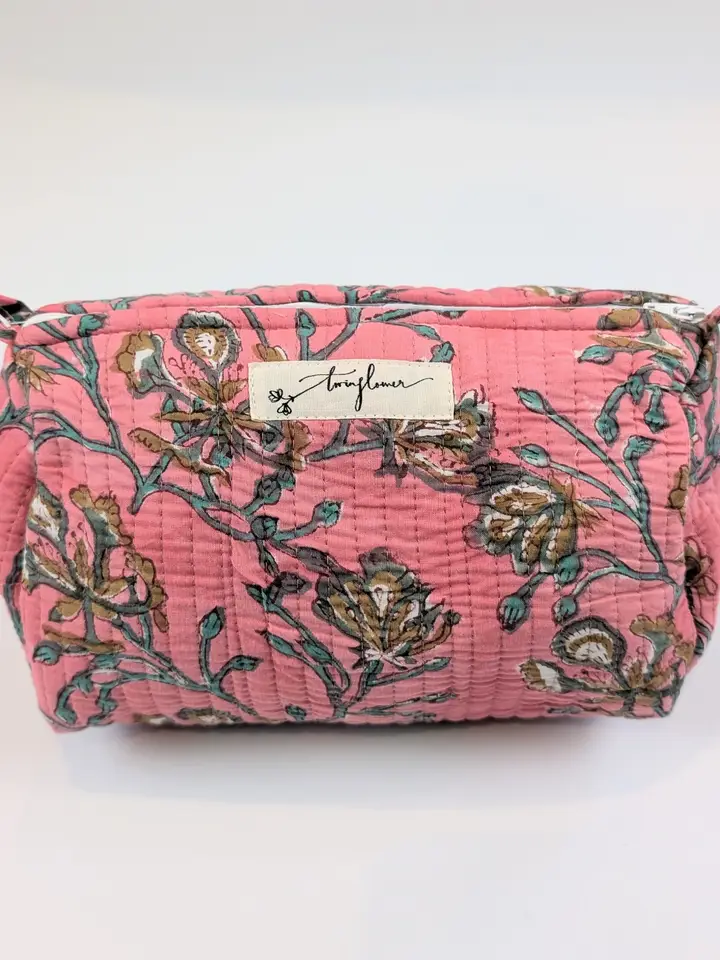 Pink Floral Block Print Quilted Large Washbag