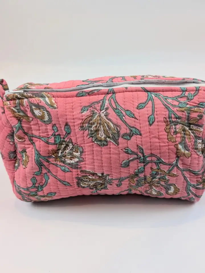 Pink Floral Block Print Quilted Large Washbag - Image 2