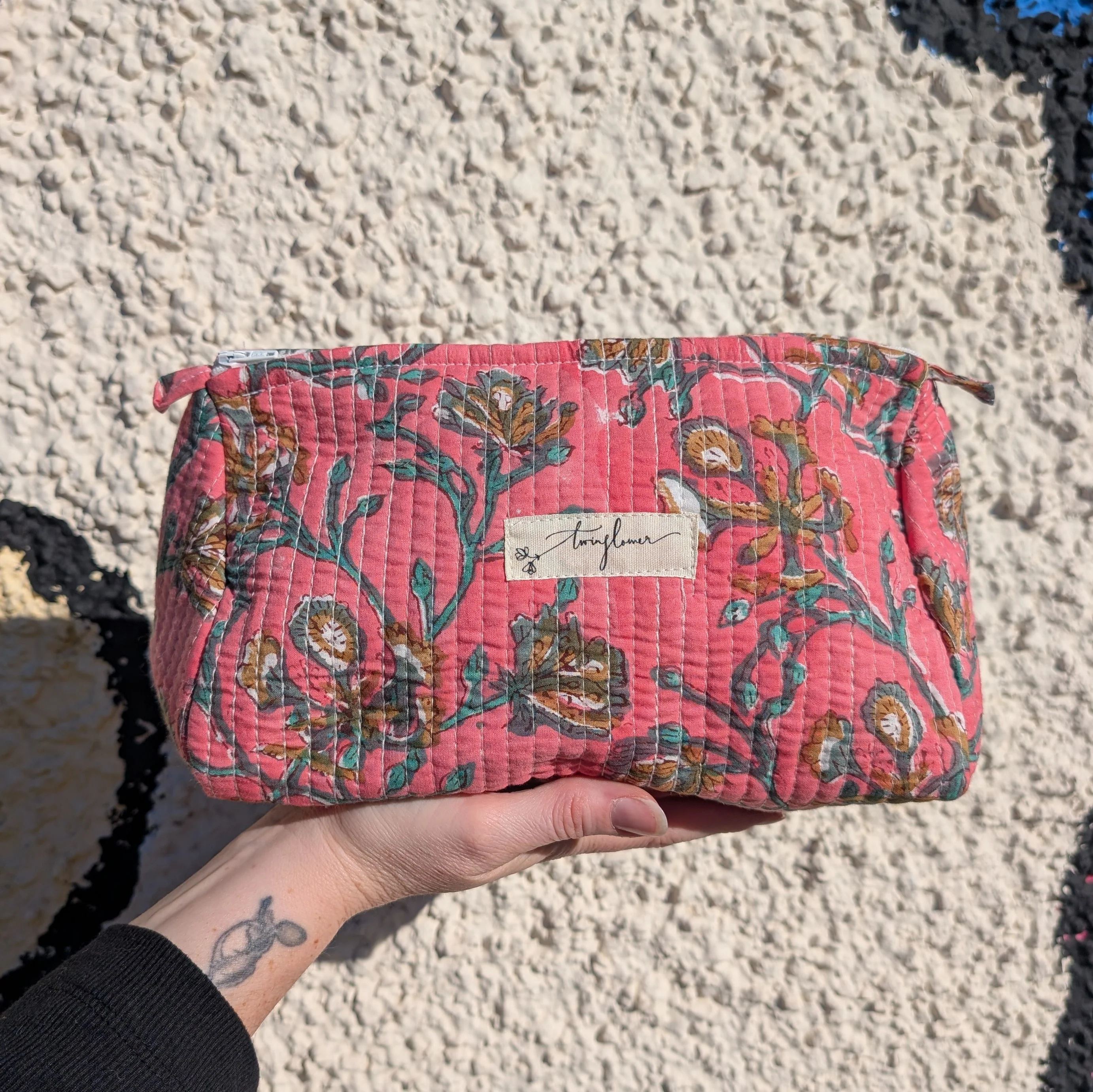 Pink Floral Block Print Quilted Large Washbag - Image 3