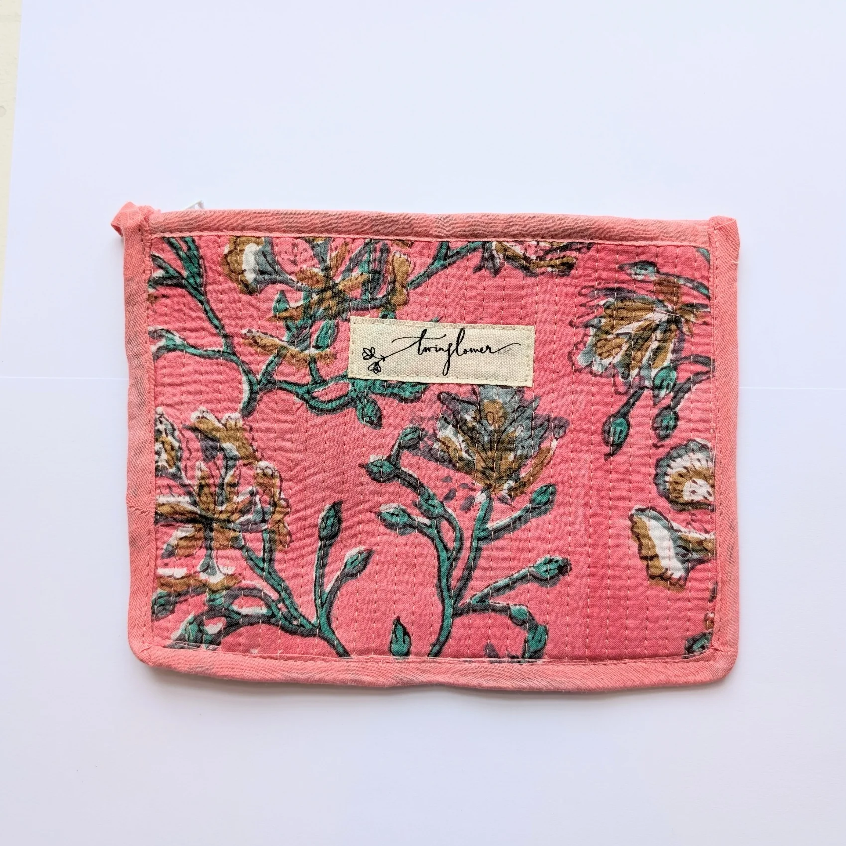 Pink Floral Block Print Quilted Medium Pouch Purse