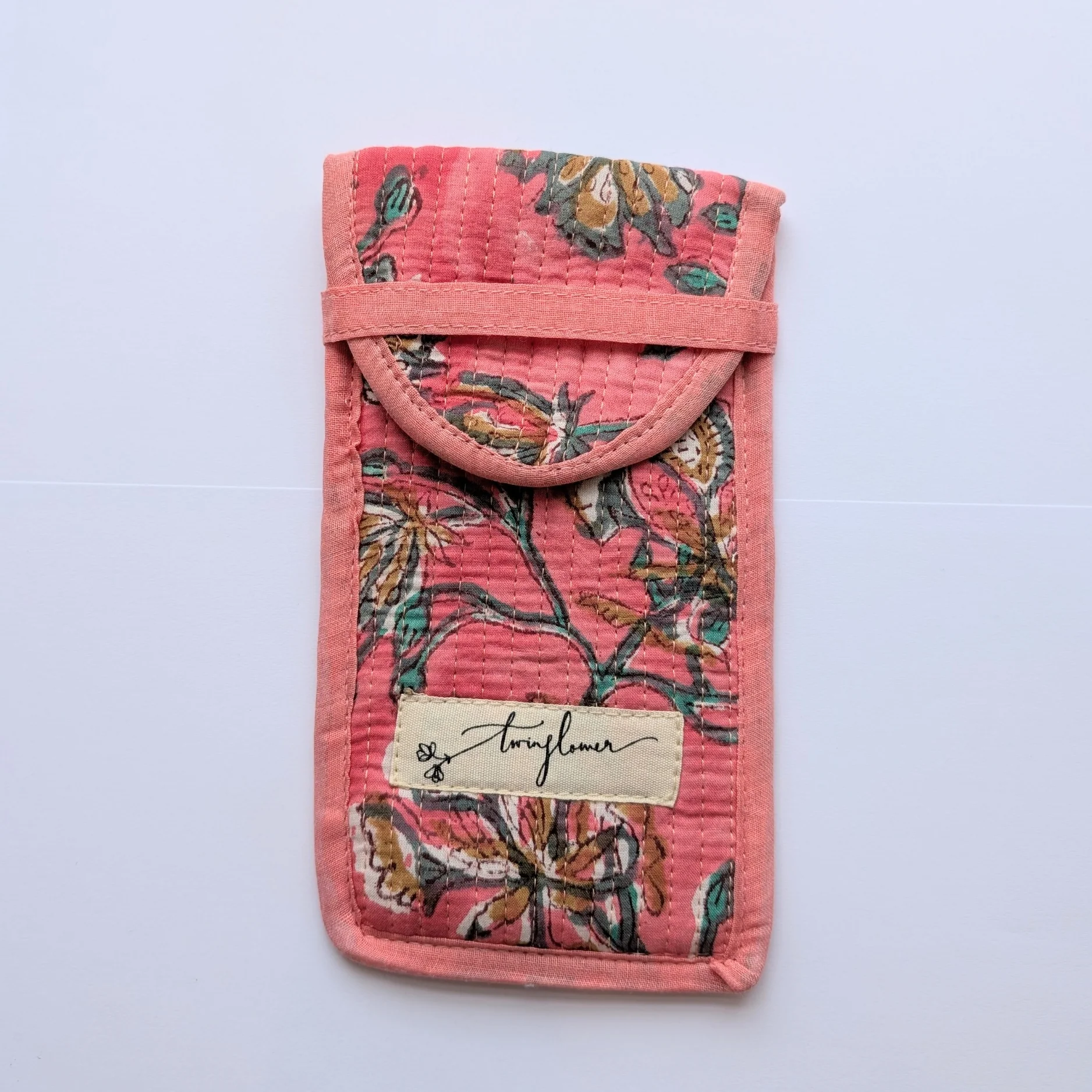 Pink Floral Flower Block Print Quilted Glasses Case