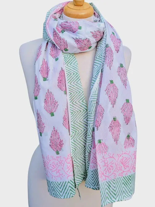Pink & Green Coral Block Print Pareo Sarong Scarf