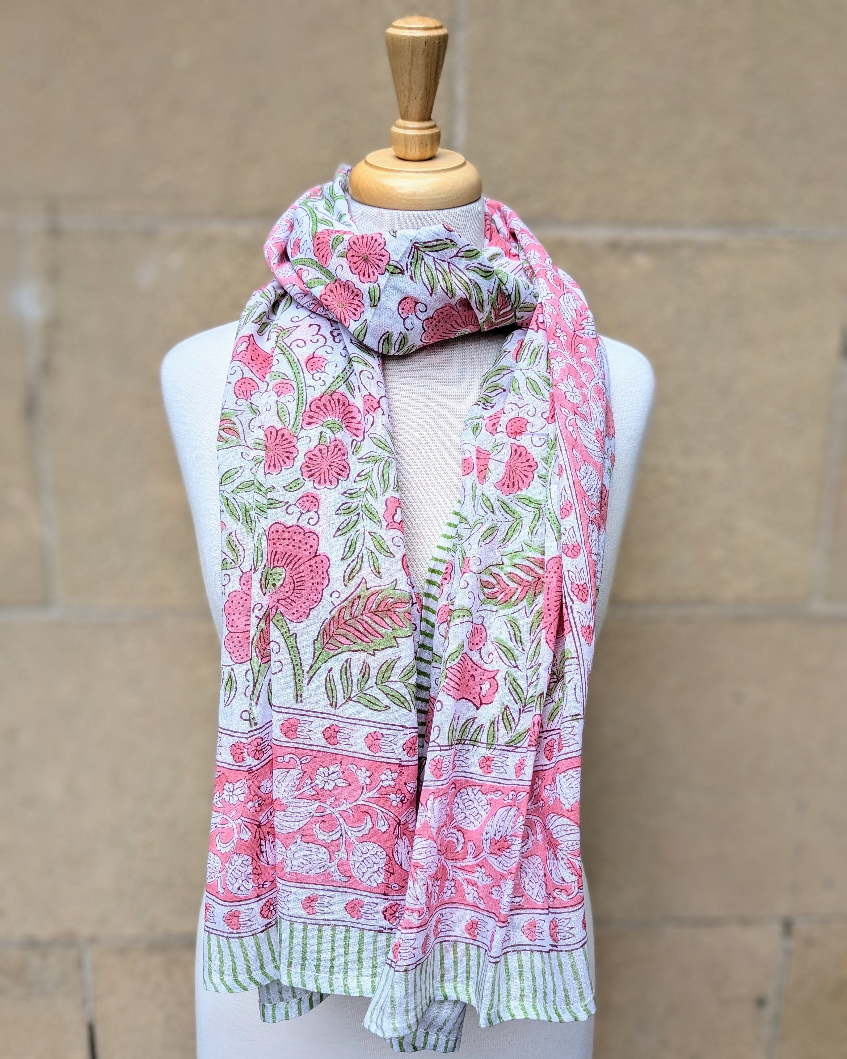 Pink & Green Floral Block Print Scarf Sarong