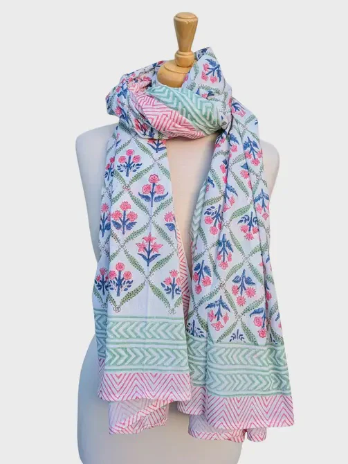 Pink & Green Floral Trellis Block Print Pareo Sarong Scarf