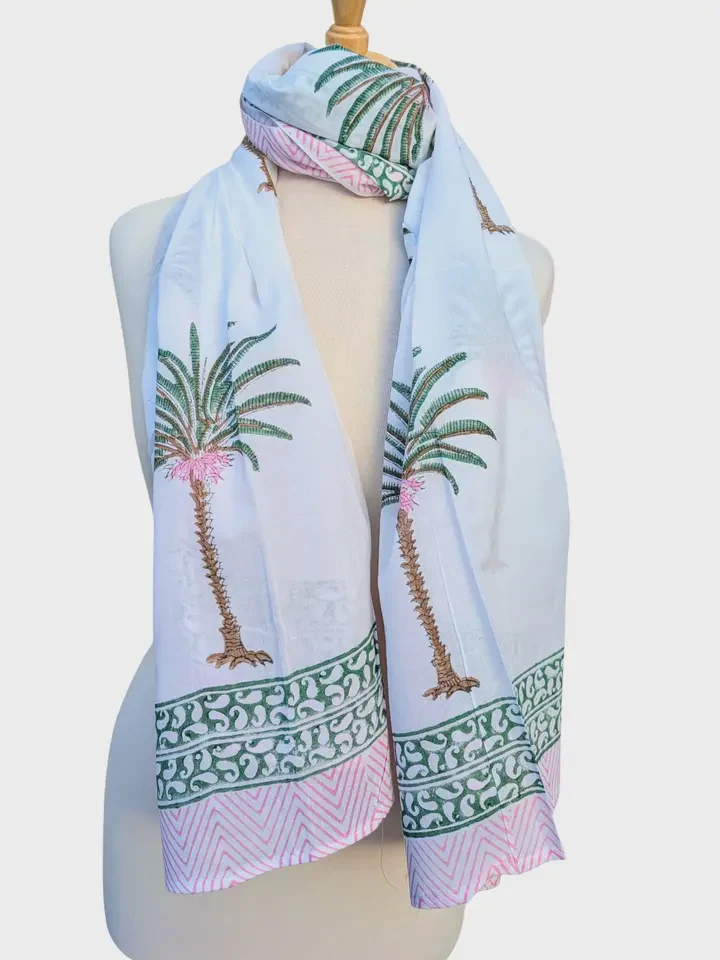 Pink & Green Palm Tree Block Print Pareo Sarong Scarf