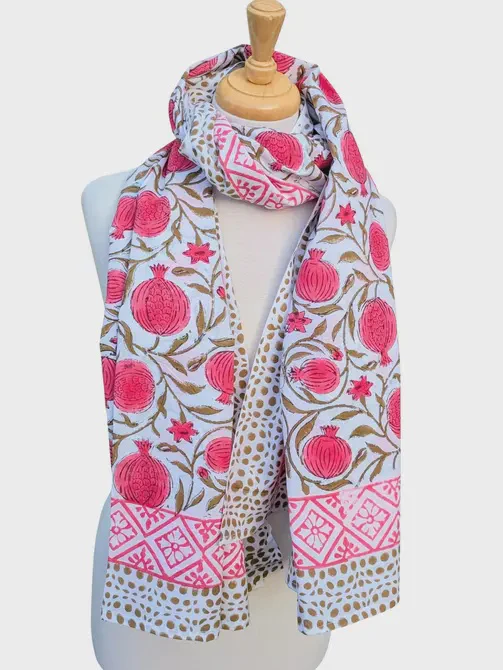 Pink & Green Pomegranate Block Print Pareo Sarong Scarf