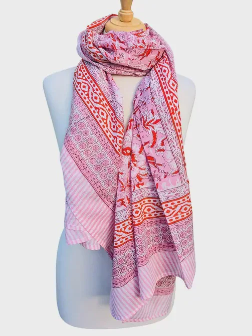 Pink & Red Floral Block Print Pareo Sarong Scarf