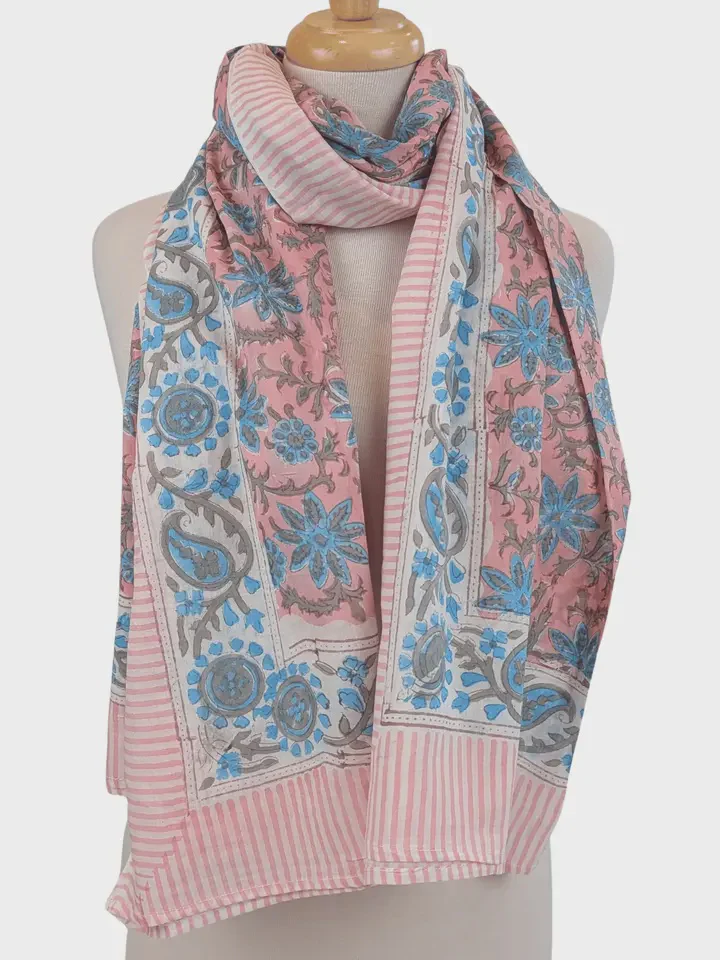 Powder Pink & Lt Blue Floral Block Print Pareo Sarong Scarf