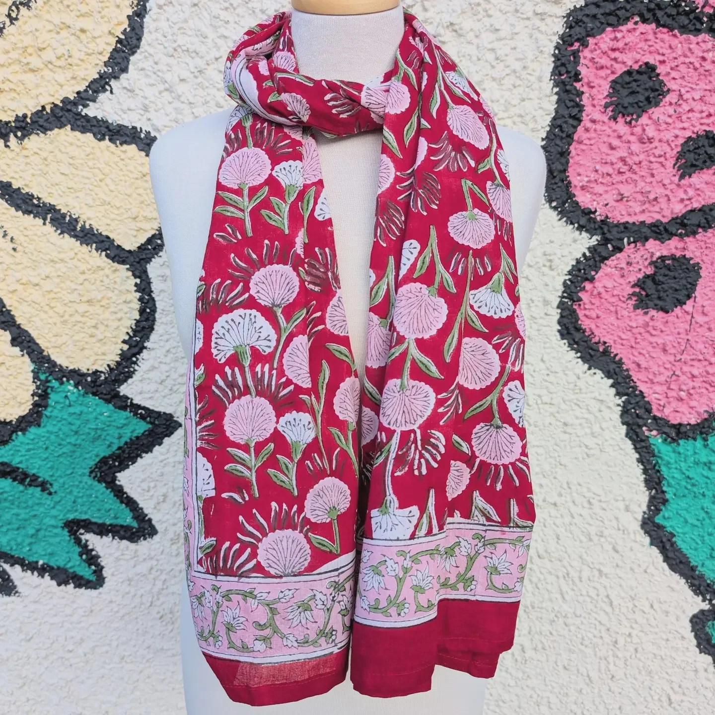 Red & Pink Floral Block Print Pareo Sarong Scarf