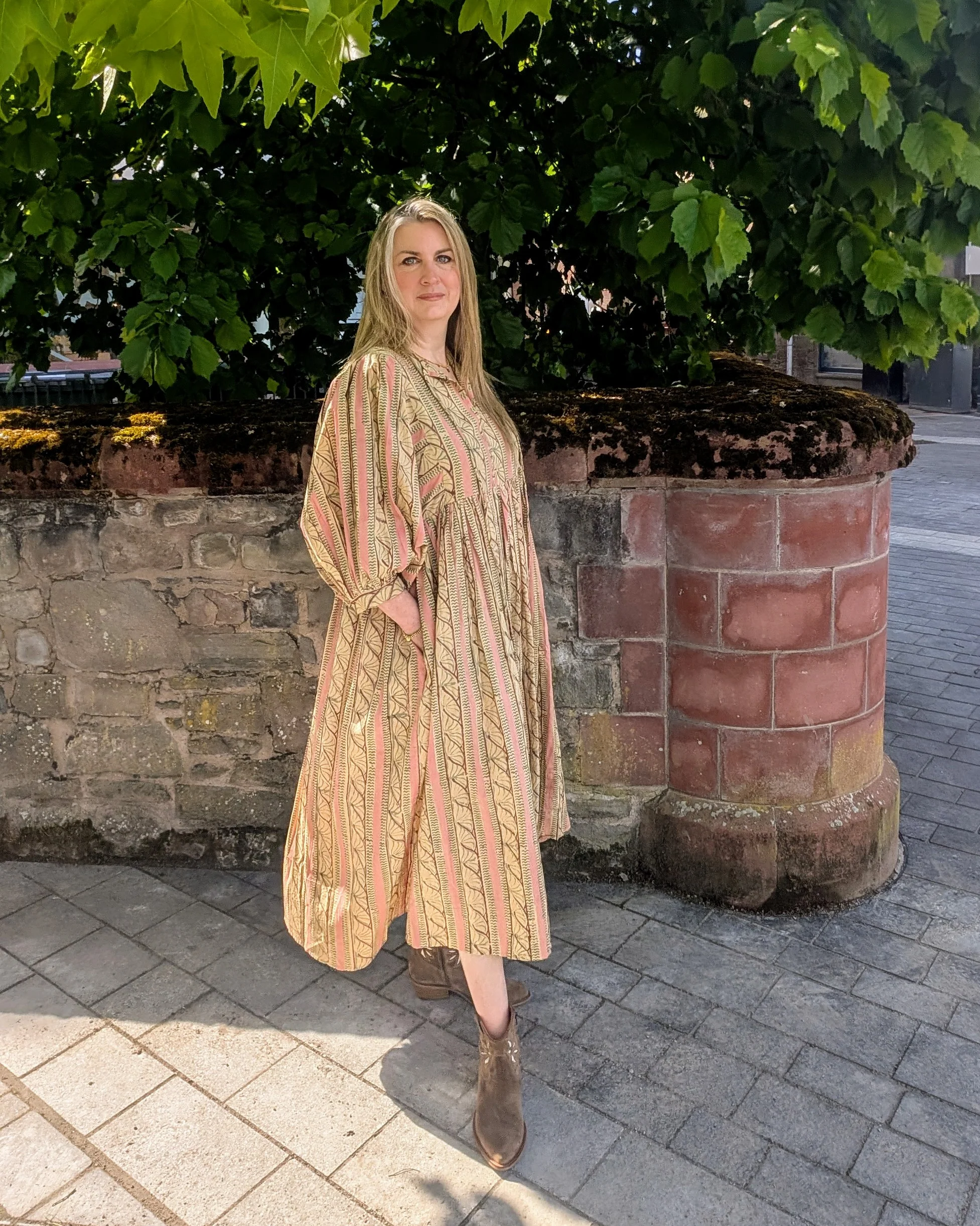 Roberta Pink Beige Block Printed Cotton Boho Dress - Image 3