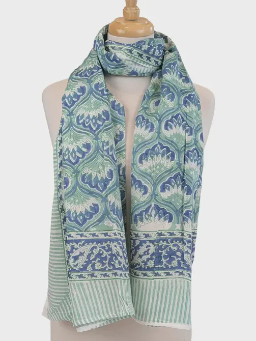 Sea Green & Blue Floral Block Print Pareo Sarong Scarf