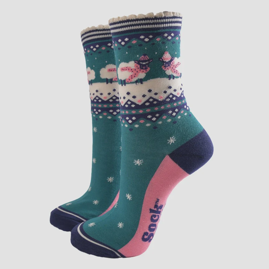 Sock Talk Green/Navy Blue Sheep Fairisle