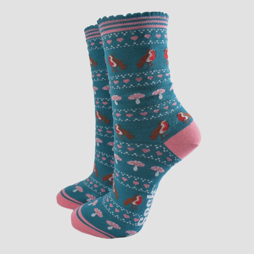 Sock Talk Teal/Pink Robin Fairisle Bamboo Socks