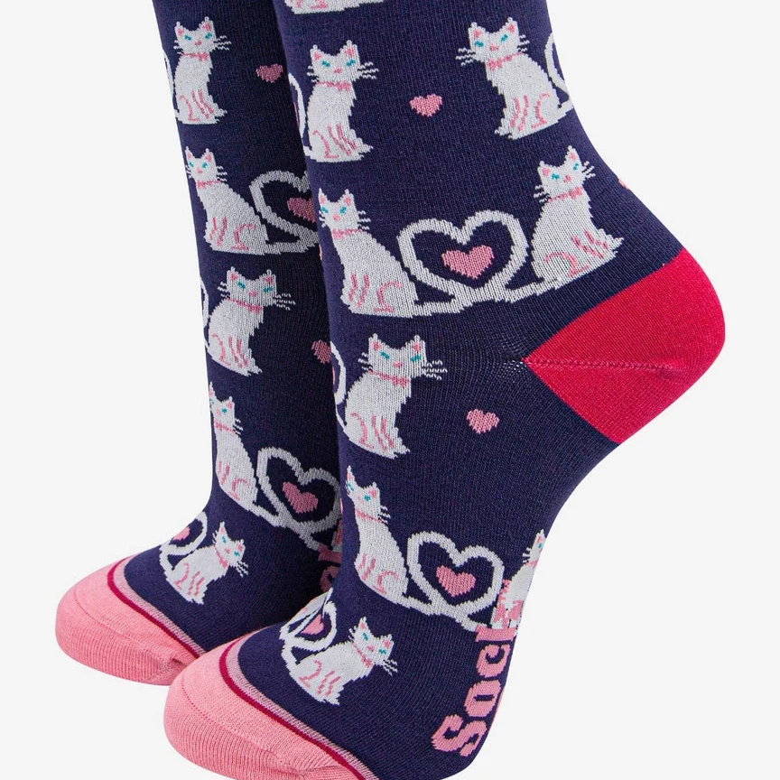 Sock Talk Women's Bamboo Socks Navy Blue/White, Cats