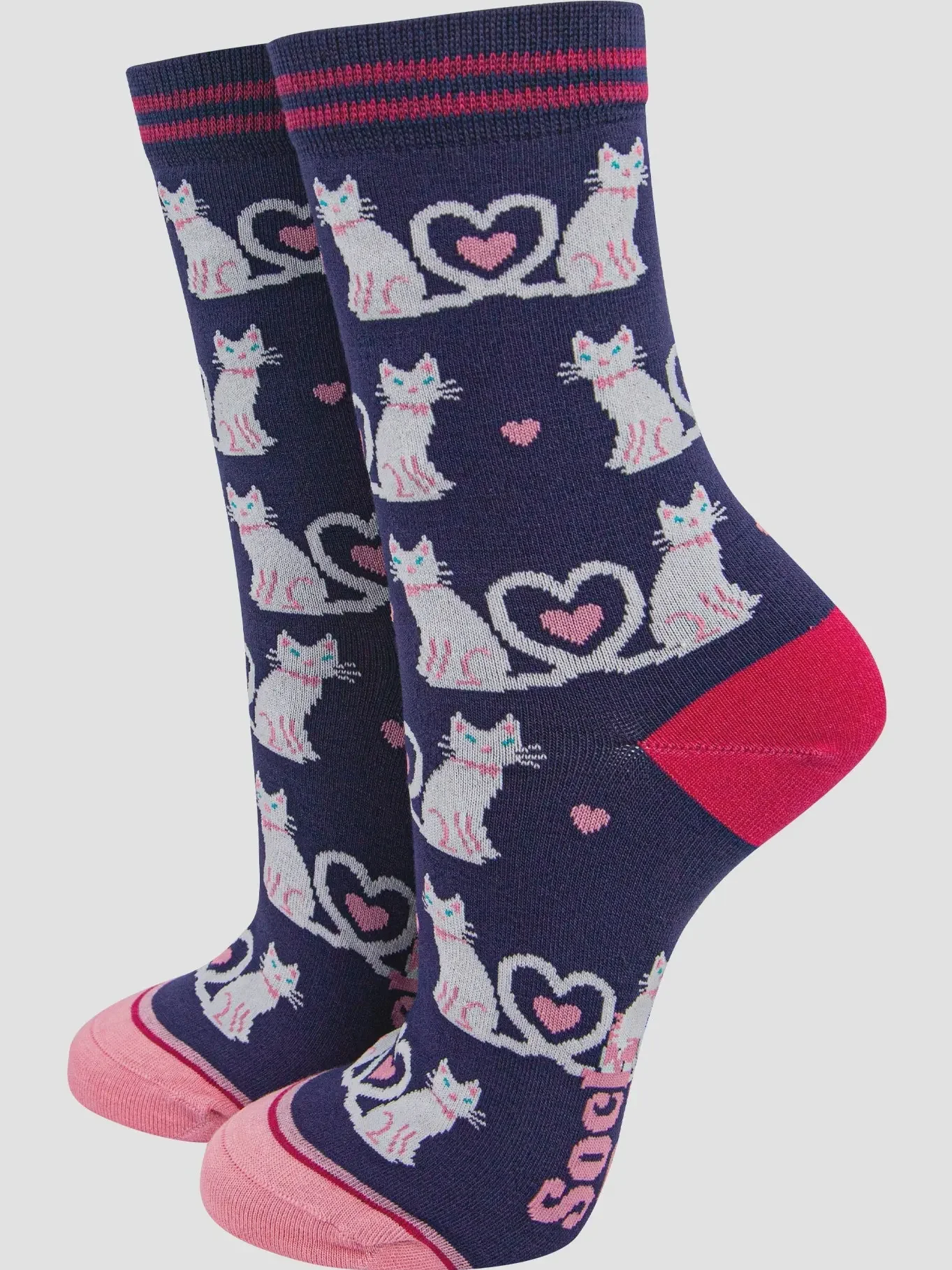 Sock Talk Women's Bamboo Socks Navy Blue/White, Cats - Image 2