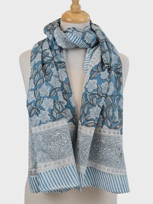 Steel Blue Floral Block Print Pareo Sarong Scarf