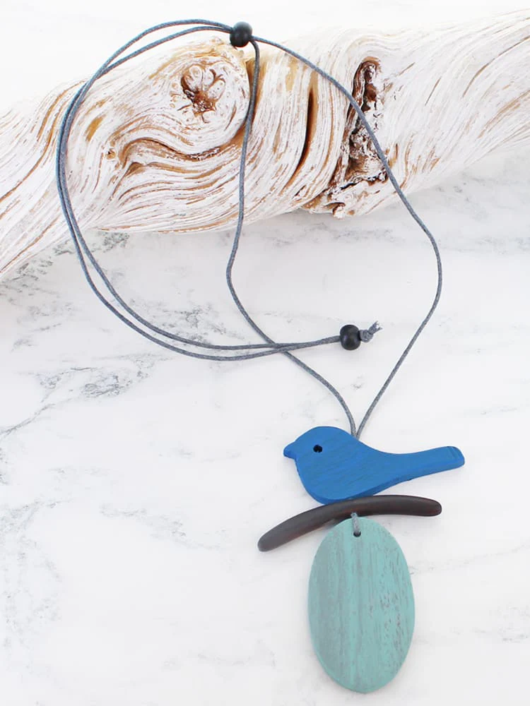 Suzie Blue Wooden Bird Pendant Necklace Blue