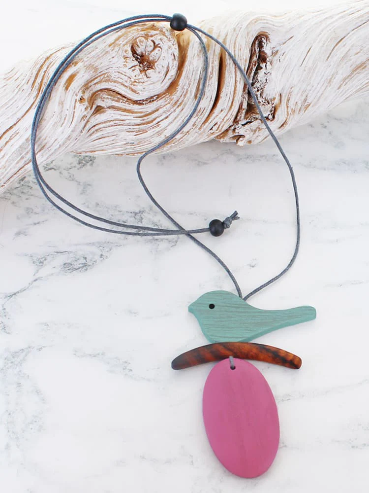 Suzie Blue Wooden Bird Pendant Necklace Pink