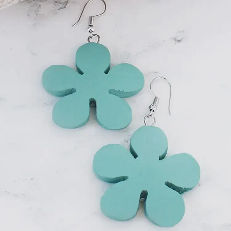 Suzie Blue Wooden Flower Earrings Aqua