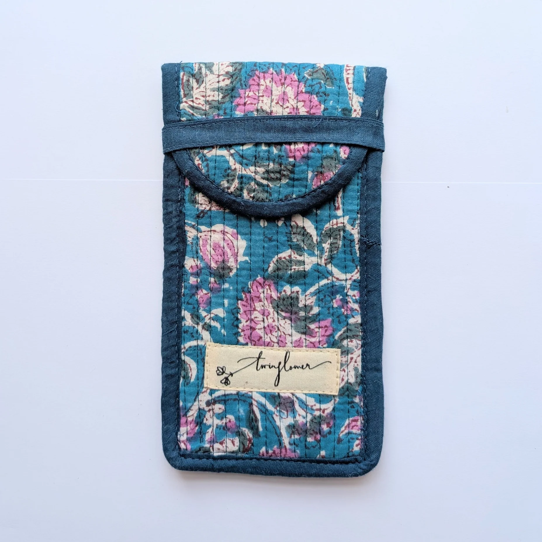 Teal & Pink Flower Block Print Quilted Glasses Case
