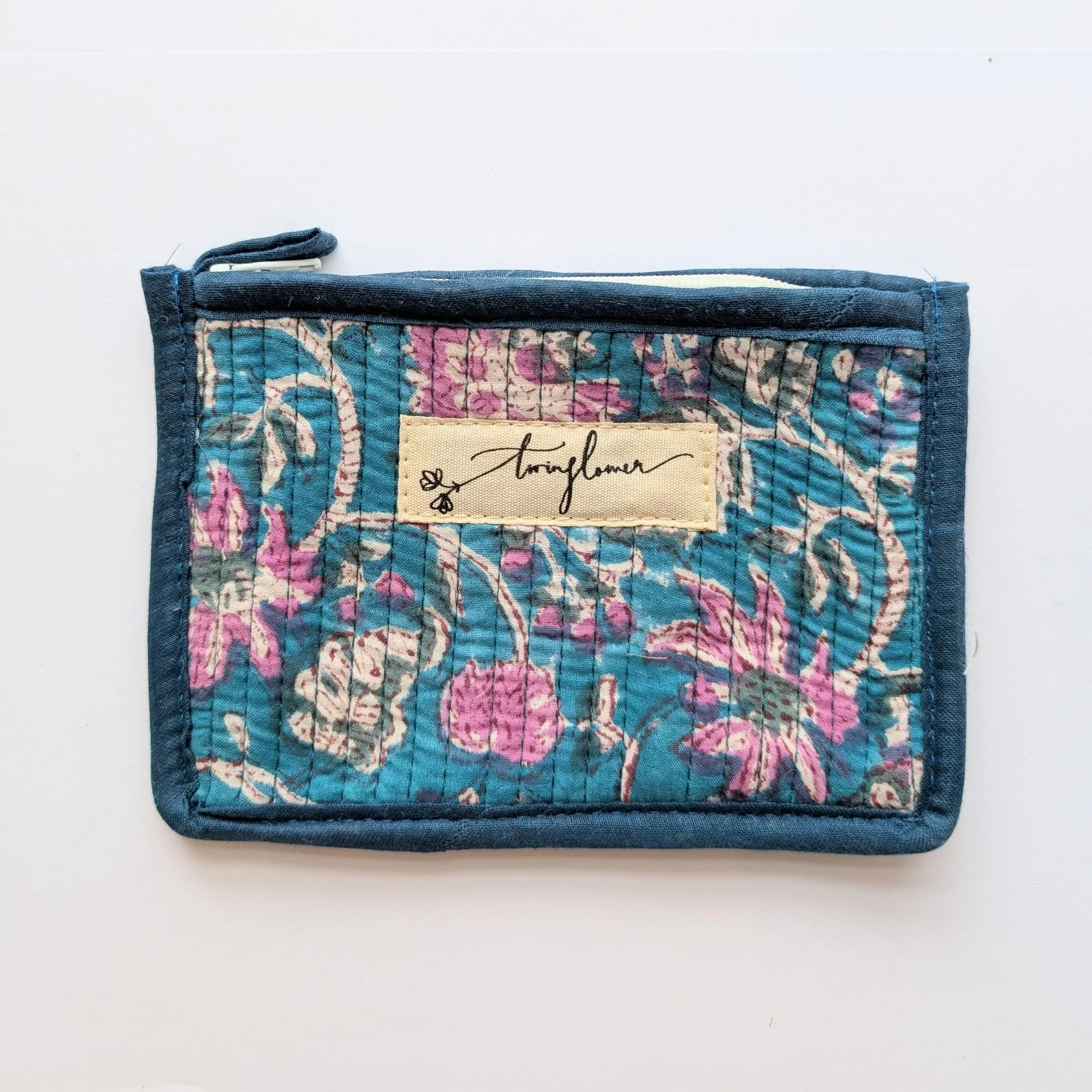 Teal & Pink Flower Block Print Quilted Small Pouch Purse