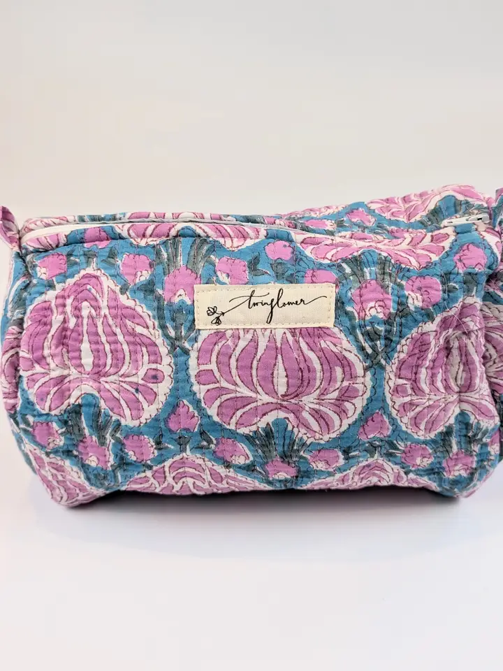 Teal & Pink Lilac Flower Block Print Quilted Large Washbag