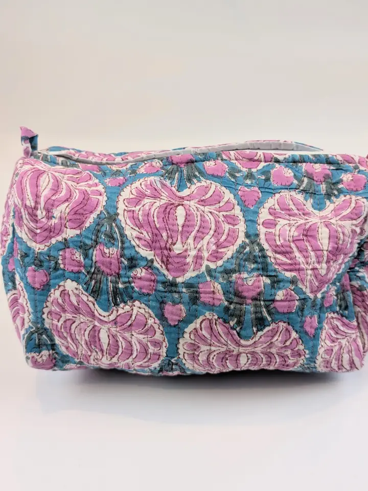 Teal & Pink Lilac Flower Block Print Quilted Large Washbag - Image 2