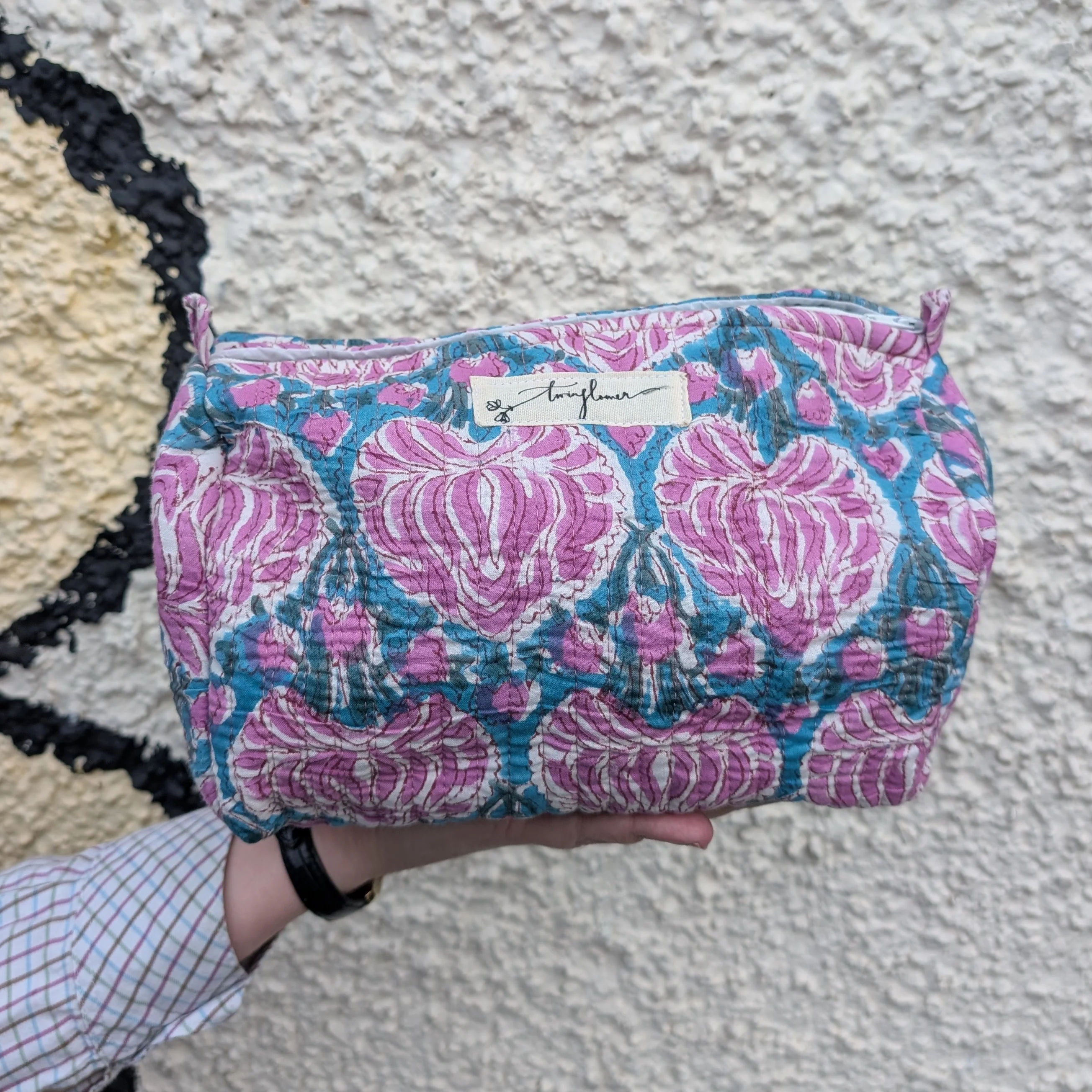 Teal & Pink Lilac Flower Block Print Quilted Large Washbag - Image 3