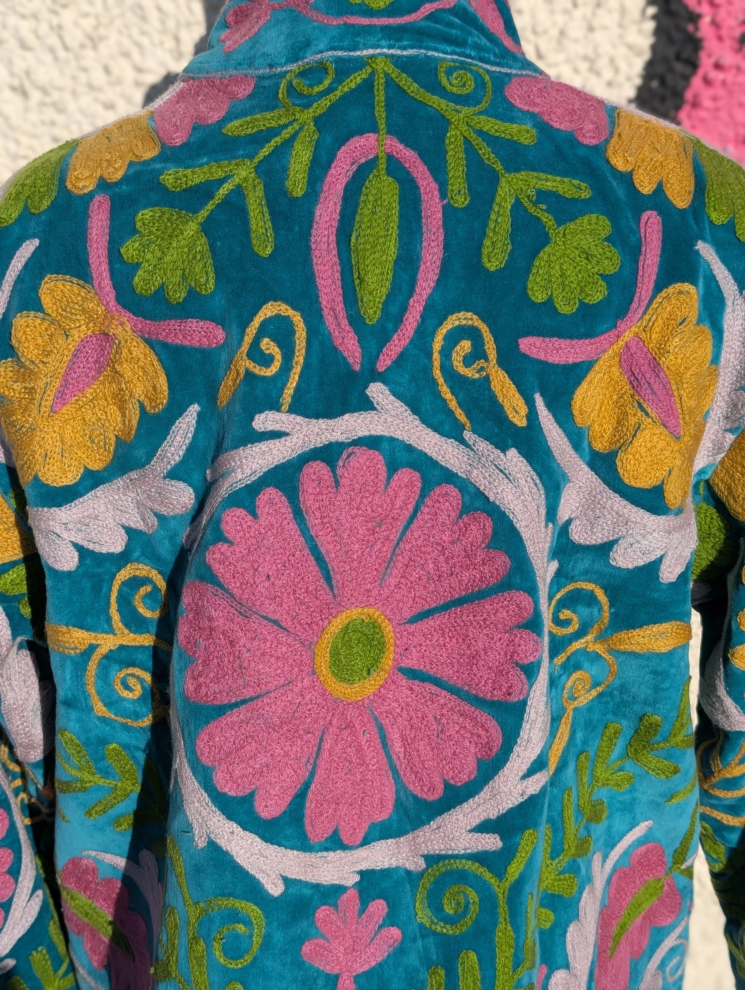 Teal & Pink Velvet Suzani Collared Embroidered Boho Jacket - Image 2