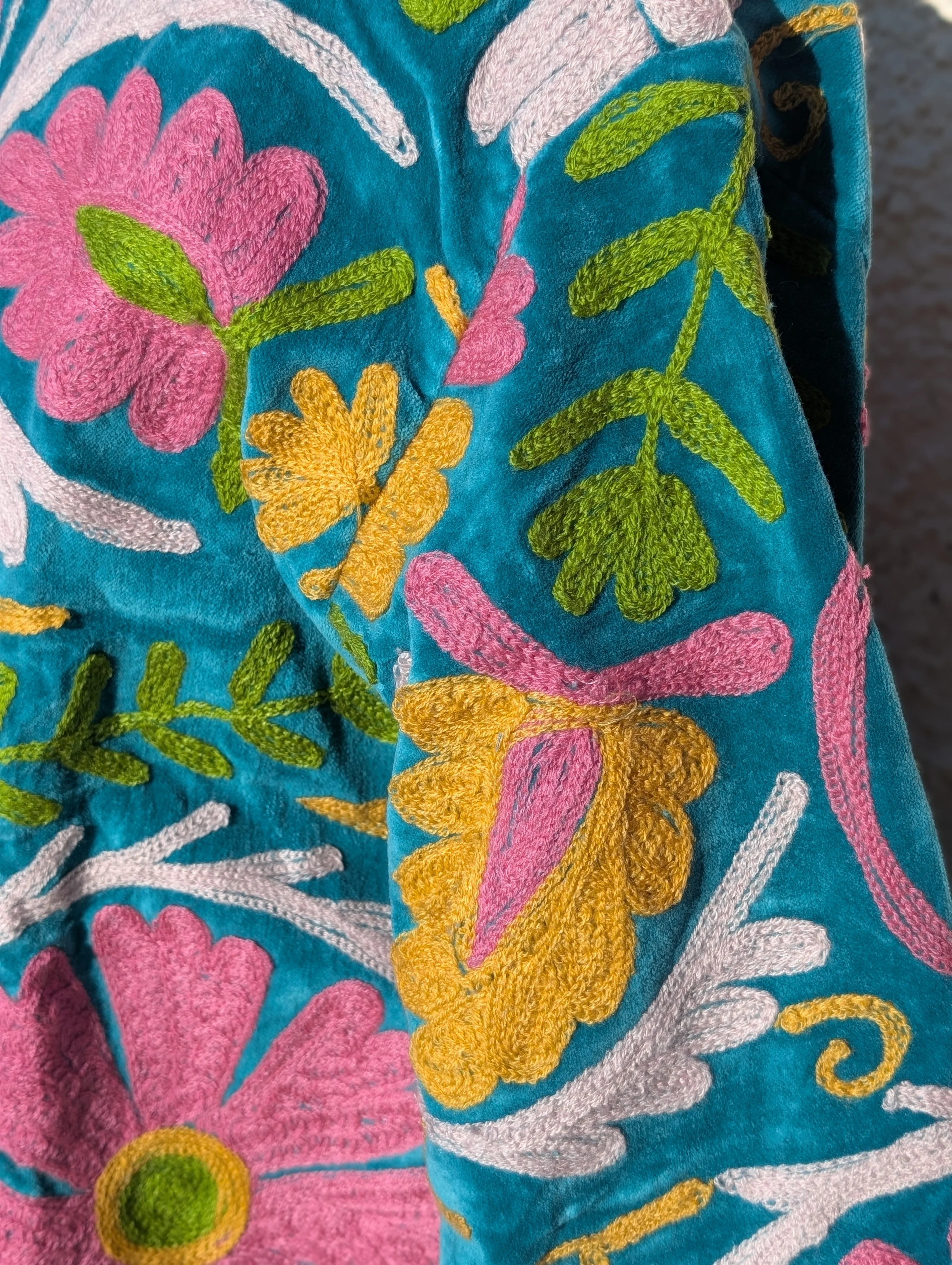 Teal & Pink Velvet Suzani Collared Embroidered Boho Jacket - Image 3